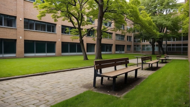 Sitzplatz im Freien mit Holztischen und Bänken