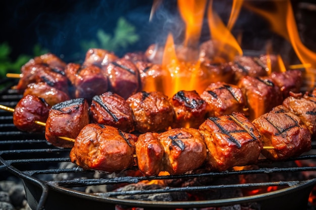 Sizzling BBQ deleite carne de primer plano en la parrilla en una fiesta en el patio trasero