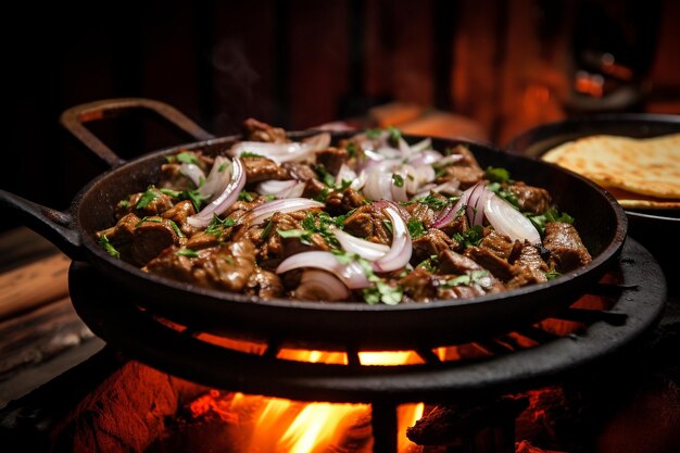 Foto sizzling carne asada com cebolas grelhadas e cilantro