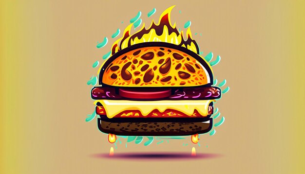 Sizzling Delight Kostenloser Vektor-Burger-Käse mit Feuer-Cartoon-Symbol-Illustration, verlockendes Lebensmittelobjekt