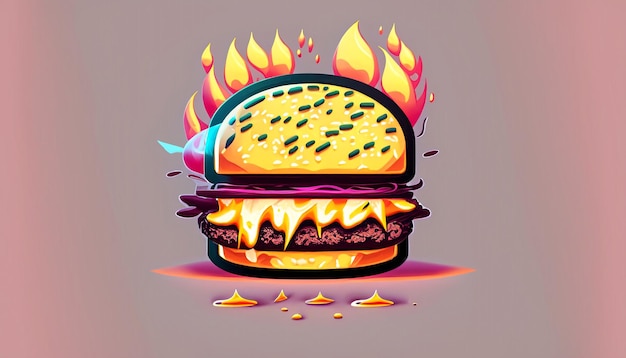 Sizzling Delight Kostenloser Vektor-Burger-Käse mit Feuer-Cartoon-Symbol-Illustration, verlockendes Lebensmittelobjekt