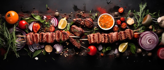 Sizzling Grilling Concept Carnes Marinadas e Skewers Vista superior