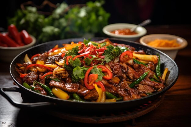 Sizzling Hot Wok con un sabroso Stirfry de verduras coloridas y carne de res tierna IA generativa