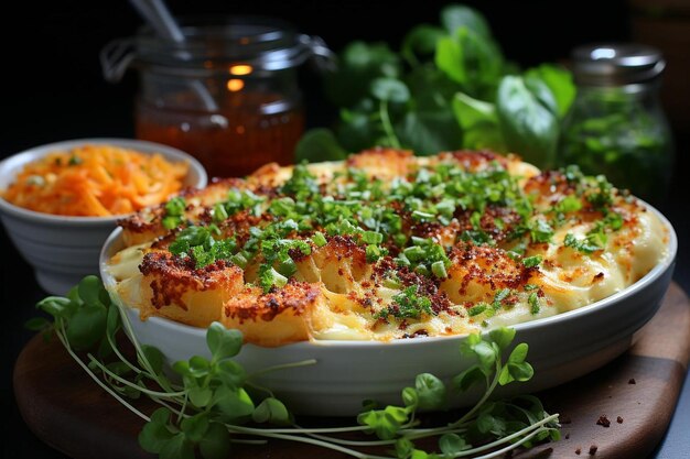 Sizzling Macaroni Cheese com Panko Crust Fotografia de macarrão com queijo americano