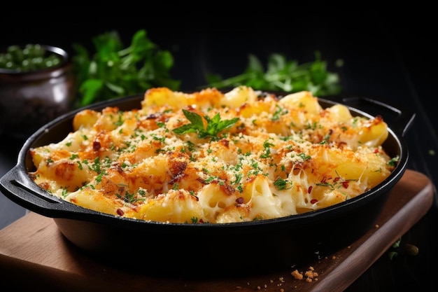 Sizzling Macaroni Queijo com migalhas de pão em fundo branco Imagem de queijo macaroni americano