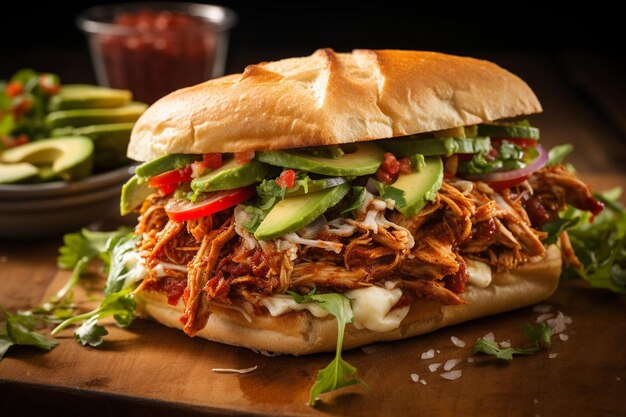 Foto sizzling sensation chipotle pulled chicken torta (torta de pollo tirado y picante) es una de las mejores tortas de pollo en el mundo.