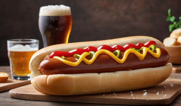 Foto sizzling temptation trending hotdog anúncio servido com um copo de cerveja gerado por ai