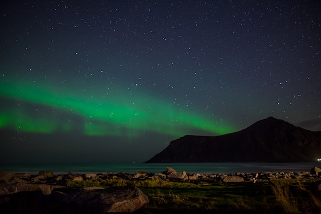 Skagsanden Strandnachtlandschaft mit Aurora Borealis, in den Lofoten, Norwegen