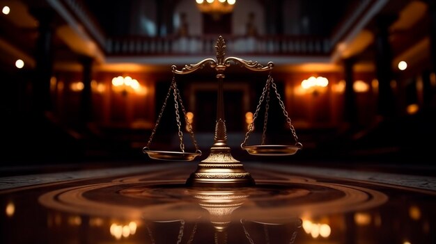 Skala der Justiz im dunklen Gerichtssaal Recht Konzept der Justiz Rechtsprechung und Justiz Kopierraum Generative KI Illustrator