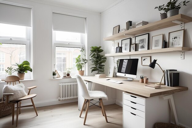 Skandinavisch inspirierter Arbeitsplatz mit sauberem Schreibtisch und natürlichem Licht