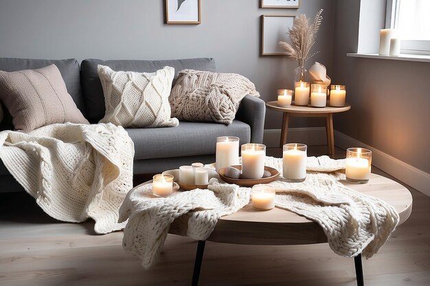 Skandinavische Hygge-Ecke mit Strickdecken und Kerzen