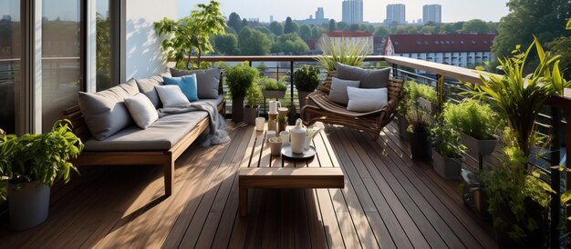 Foto skandinavischer balkon mit minimalistischem design in einer modernen städtischen umgebung.