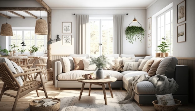 Skandinavischer rustikaler Stil Ein gemütliches Wohnzimmer mit warmen Holzakzenten und neutralen Farben. Die Wände sind in einem hellen Grauton gestrichen. Generative AI
