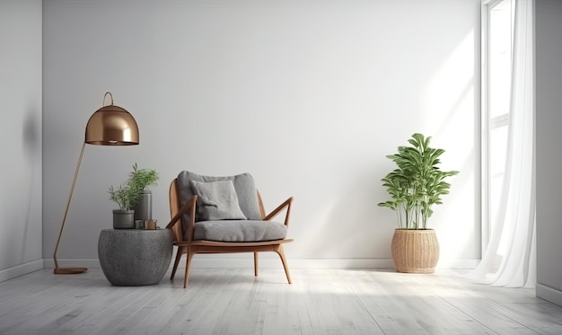 Skandinavischer Stil Wohnzimmer mit grauem Stoff Sessel goldene Lampe und Pflanzen gegen eine leere weiße Wand 3D-Rendering generative KI