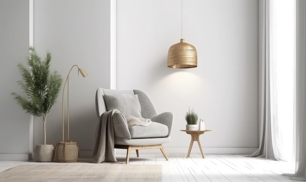 Skandinavischer Stil Wohnzimmer mit grauem Stoff Sessel goldene Lampe und Pflanzen gegen eine leere weiße Wand 3D-Rendering generative KI