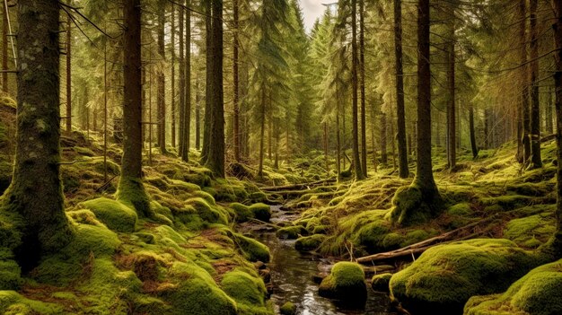 Skandinavischer Wald mit vielen Bäumen, viel grünem Moos, gemacht von Generative AI