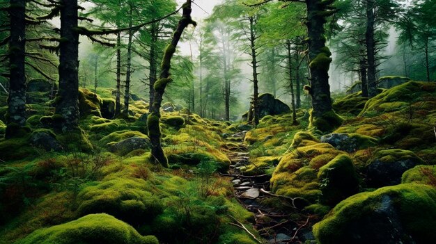Skandinavischer Wald mit vielen Bäumen, viel grünem Moos, gemacht von Generative AI