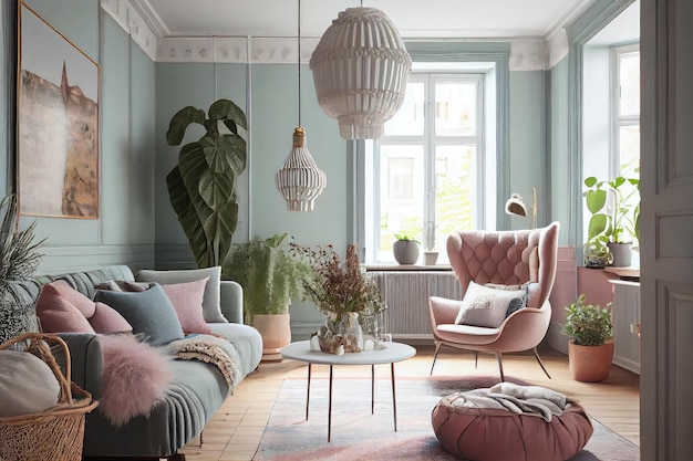 Foto skandinavisches boho-wohnzimmer mit pastellfarbenen wänden, gemütlichen möbeln und vielseitigem dekor