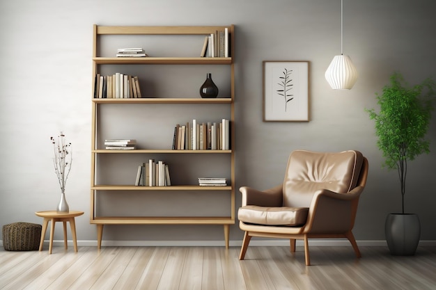 Skandinavisches Bücherregal mit Sessel in einem modernen Interieur von Generative Ai