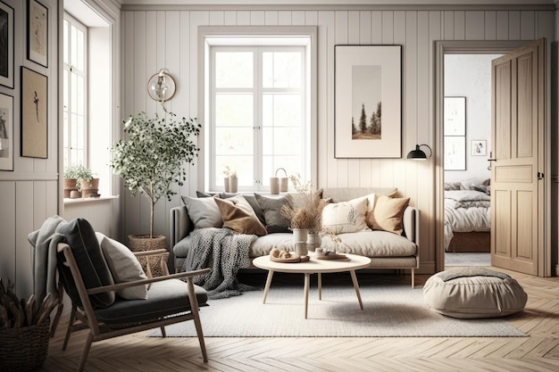Skandinavisches Haus mit warmem und einladendem Wohnzimmer mit edlen Möbeln und Dekor