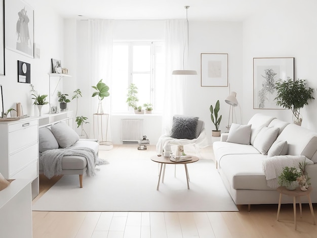 Skandinavisches, komfortables Wohnzimmer mit Holzboden und Möbeln