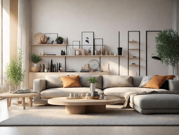 Skandinavisches, komfortables Wohnzimmer mit Holzboden und Möbeln