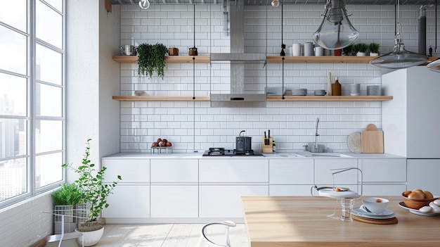 Skandinavisches Kücheninterieur mit weißen Möbeln und unterschiedlichen Dekorationen Generative KI