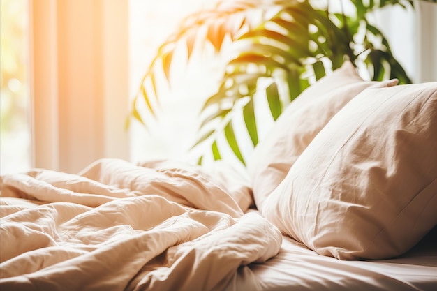 Skandinavisches Schlafzimmer mit Holzbett Weiß und Pastellbeige Bettwäsche Sonnenmorgen Stimmung