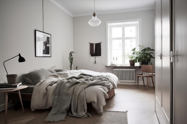 Skandinavisches Schlafzimmer mit minimalistischem Design und eleganten Holzmöbeln