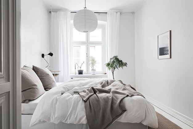 Skandinavisches Schlafzimmer mit minimalistischem Design und strahlend weißer Bettwäsche