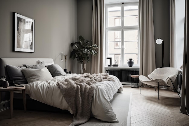 Skandinavisches Schlafzimmer mit schlichtem und minimalistischem Design mit eleganten Möbeln und Akzenten