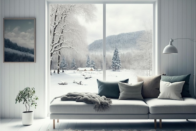 Skandinavisches Wohnzimmer-Innendesign mit Sofa und Winterlandschaft im Fenster