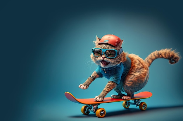 Skate de gato legal funky, isolado em fundo azul, Generative AI