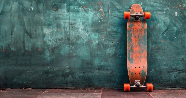 Foto skateboard apoiado contra a parede azul