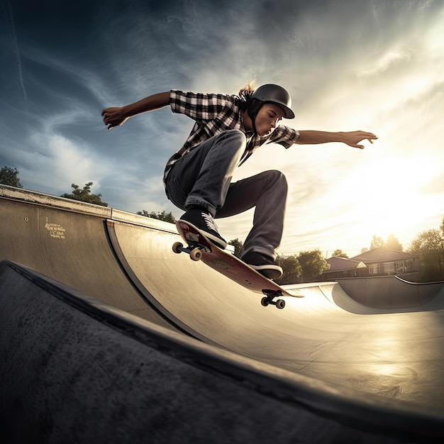Skateboarder führt eine fotorealistische Trickillustration aus