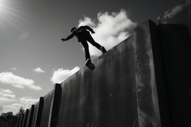 Foto skateboarder haciendo un truco en la pared