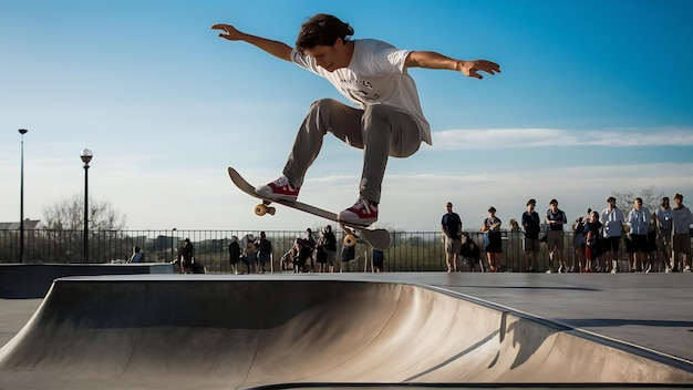 Foto skateboarder montando inseguro en la rampa