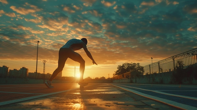 Skateboarder montando na rotina de aquecimento dos atletas ao pôr-do-sol