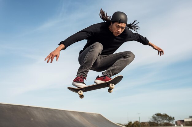 Skateboarder realizando un truco al aire libre Inteligencia Artificial Generativa