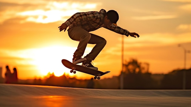 Foto skateboarder schwebt über der sonnenuntergangsrampe. generative ki