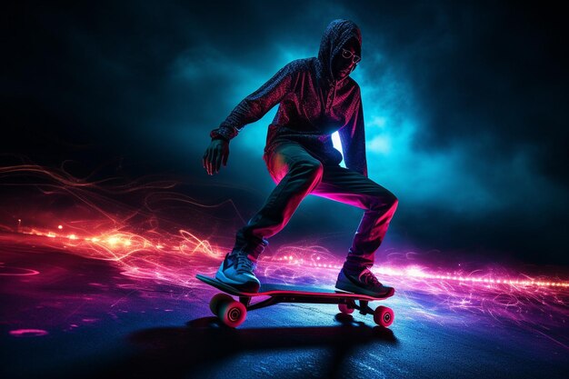 Skateboarding nocturno o patinaje con luces LED