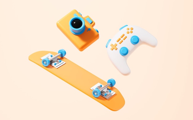 Skateboarding und Gamepad im gelben Hintergrund 3D-Rendering