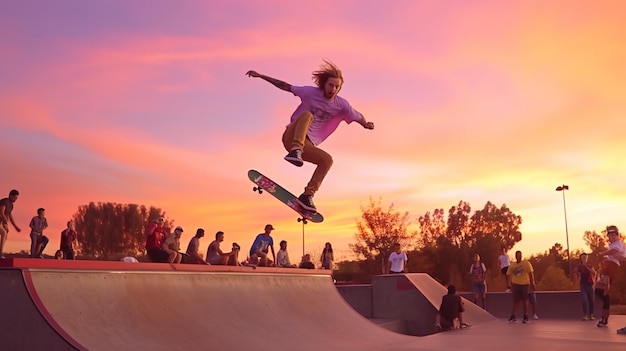 Un skater con una camisa rosa está haciendo un truco frente a una puesta de sol.