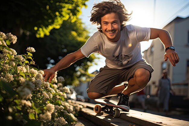 Skater, die ein kühnes Manöver in einem lebendigen Park generative IA durchführen