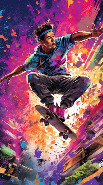 Un skater está en el aire con la palabra skate.