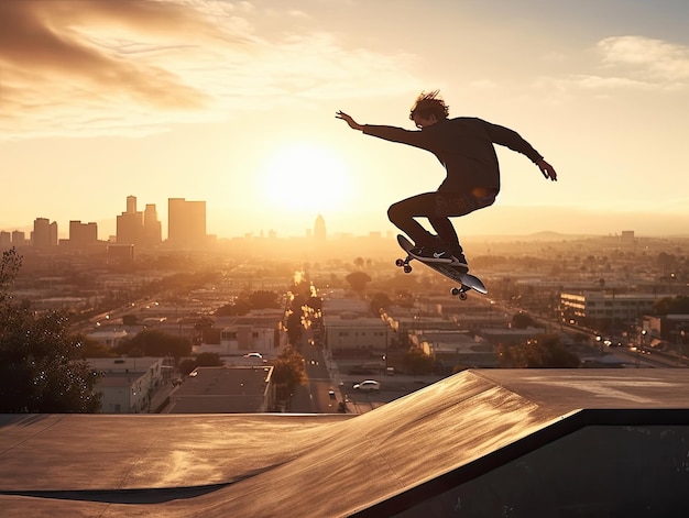 Un skater está haciendo un truco en una rampa de una ciudad.