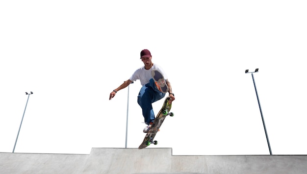 Skater haciendo un truco aislado en blanco