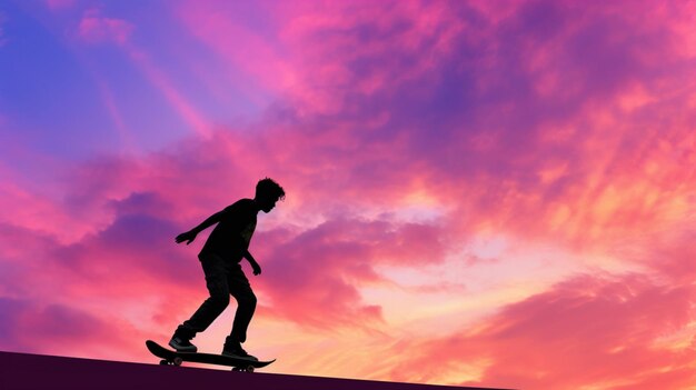 Un skater se recorta contra un rosa y