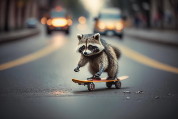 Skatista guaxinim bonito andando de skate na rua da cidade Ilustração generativa de IA