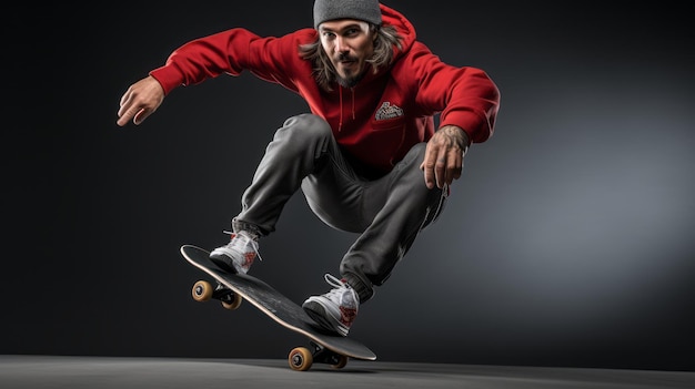 Skatista masculino ativo em streetwear e um skate em um fundo cinza asfáltico